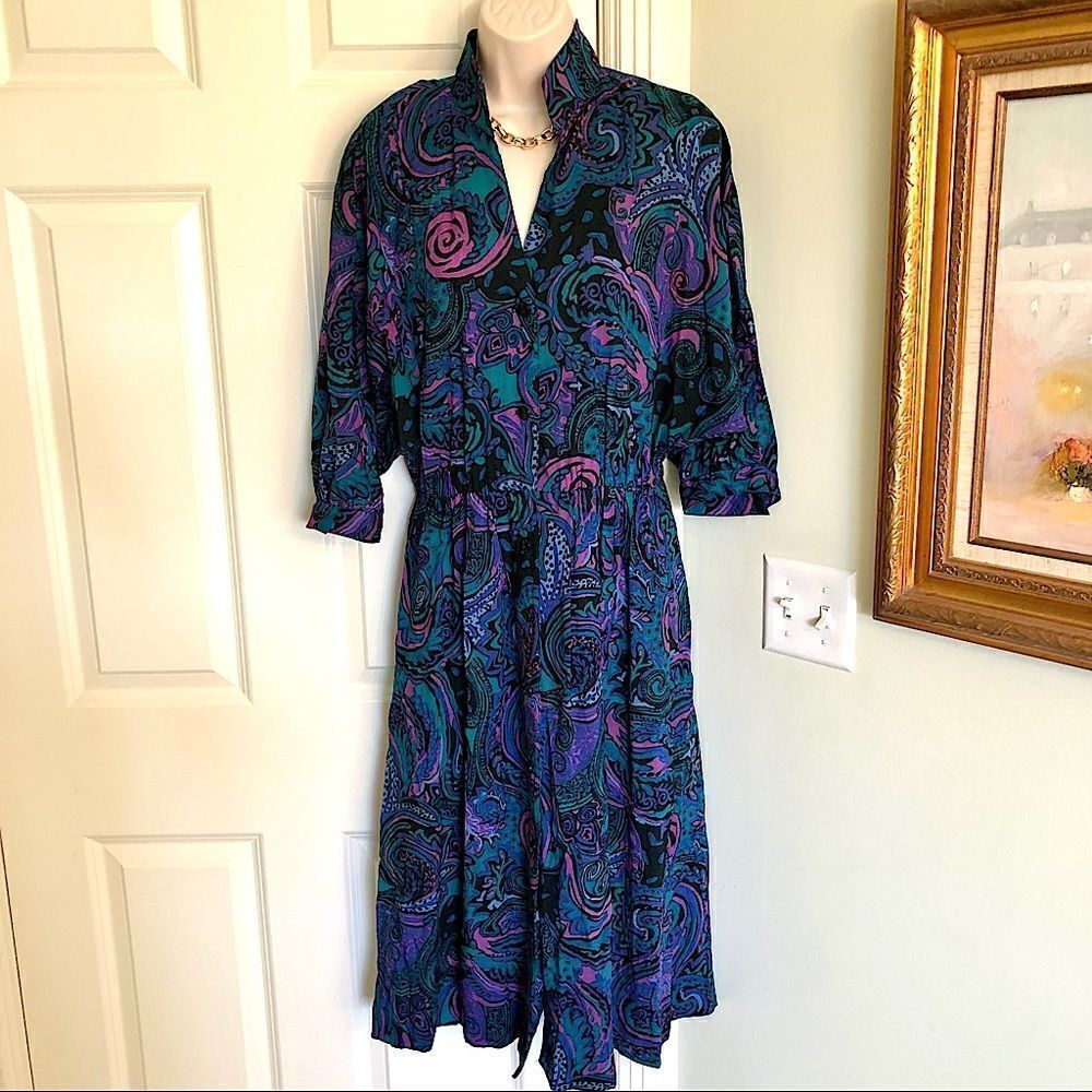 Willi Vintage 90’s pink/blue paisley‎ long sleeve wide arm dress medium/Large